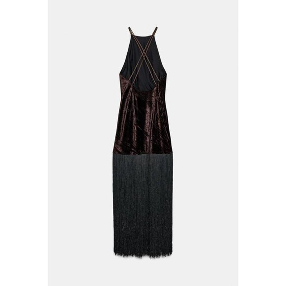 ZARA VELVET FRINGED MIDI DRESS - Picture 10 of 11